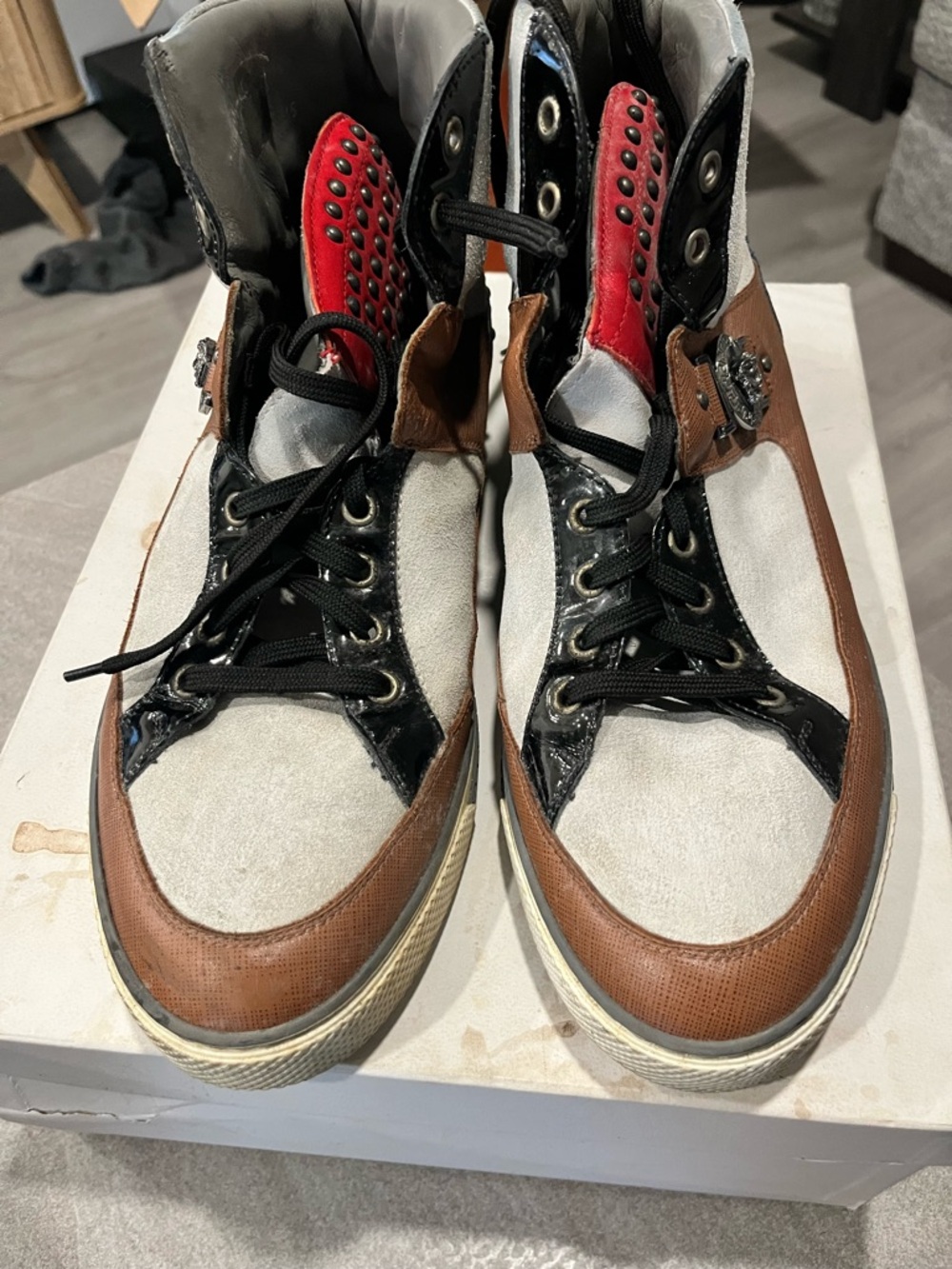 Versace Men's High-Top Sneakers in Brown, Black & Red